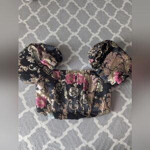 AKIRA Black Floral Brocade Corset Crop Top • Puff Sleeves • Size M